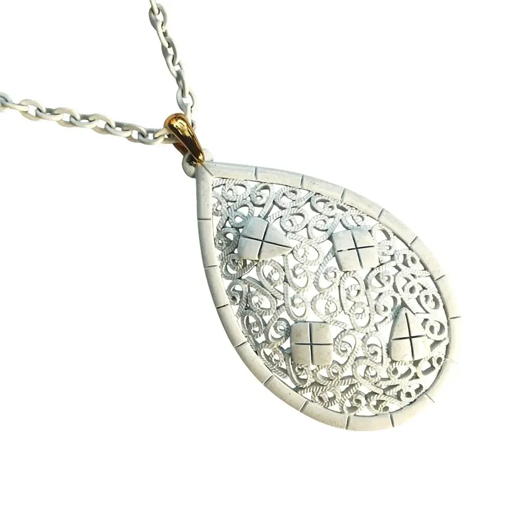 VTG 1960s 1970s Pendant Necklace White Enamel Filigree Mod Statement Jewelry